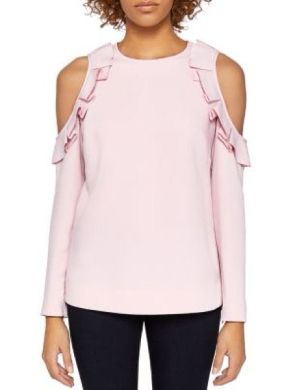 Ted Baker Pale Pink Cold-Shoulder Ruffle Sweater